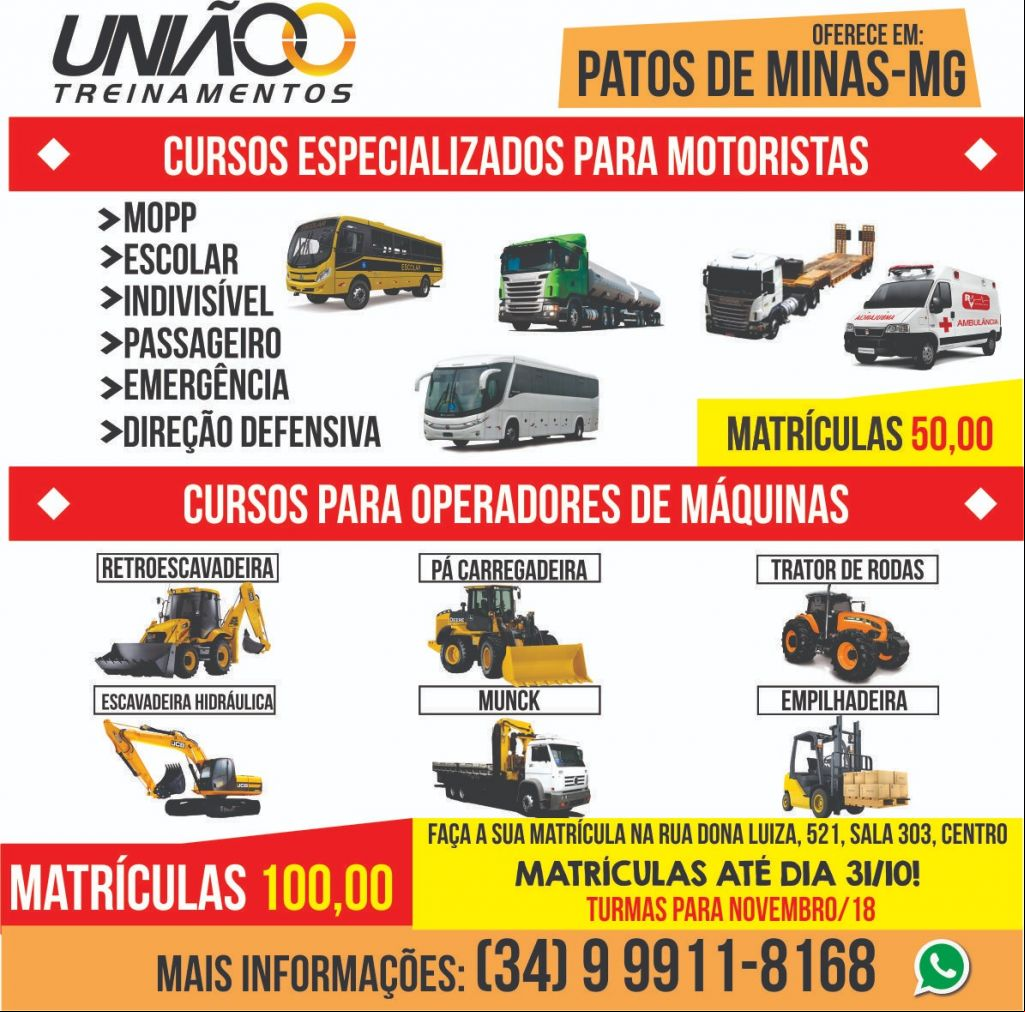 União Treinamentos oferece curso para Operador de máquinas e Motoristas especializados. MATRÍCULAS ABERTAS! | Patos Agora - A notícia no seu tempo - 